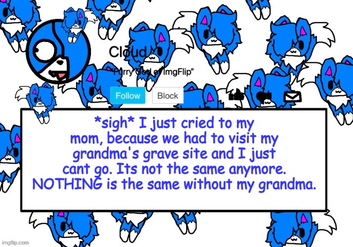 Small mini thing i need to get off my chest. | *sigh* I just cried to my mom, because we had to visit my grandma's grave site and I just cant go. Its not the same anymore. NOTHING is the same without my grandma. | image tagged in cloud's shoulder cloud temp | made w/ Imgflip meme maker
