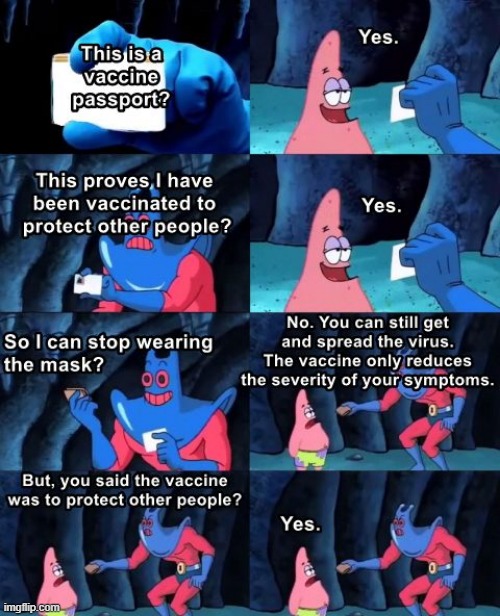 Vaccine passport contradiction | image tagged in covid-19,mask,vaccine | made w/ Imgflip meme maker