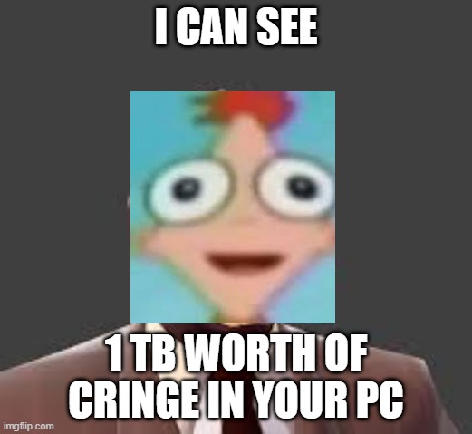 spy phineas | I CAN SEE; 1 TB WORTH OF CRINGE IN YOUR PC | image tagged in phineas,spy,cringe,i can see,1tb,phineas sees you | made w/ Imgflip meme maker