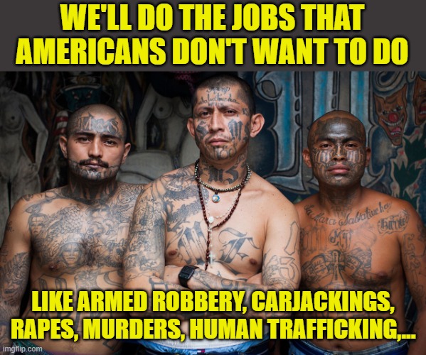 Thanks to BurntFingerForge for the idea! | WE'LL DO THE JOBS THAT AMERICANS DON'T WANT TO DO LIKE ARMED ROBBERY, CARJACKINGS, RAPES, MURDERS, HUMAN TRAFFICKING,... | image tagged in ms-13,illegal immigration,gang bangers | made w/ Imgflip meme maker