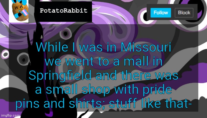 ... | While I was in Missouri we went to a mall in Springfield and there was a small shop with pride pins and shirts; stuff like that- | image tagged in announcement template for potatorabbit | made w/ Imgflip meme maker