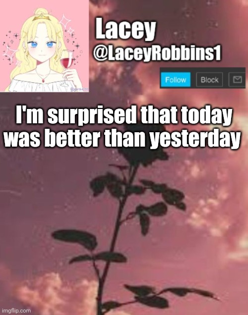 Lacey announcement template | I'm surprised that today was better than yesterday | image tagged in lacey announcement template | made w/ Imgflip meme maker