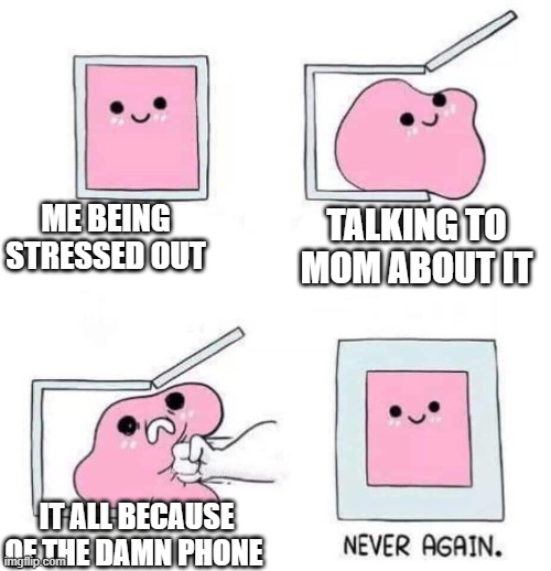 never again | ME BEING STRESSED OUT; TALKING TO MOM ABOUT IT; IT ALL BECAUSE OF THE DAMN PHONE | image tagged in never again | made w/ Imgflip meme maker