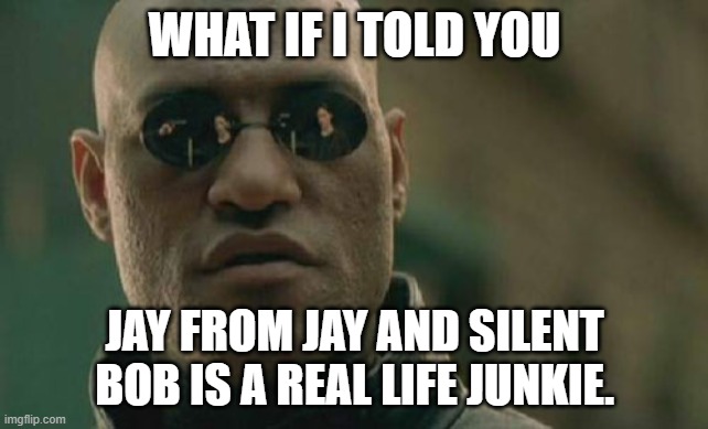 Jason Mews actually does drugs! Not Kevin Smith! |  WHAT IF I TOLD YOU; JAY FROM JAY AND SILENT BOB IS A REAL LIFE JUNKIE. | image tagged in memes,matrix morpheus,jay and silent bob,drugs,drugs are bad,don't do drugs | made w/ Imgflip meme maker