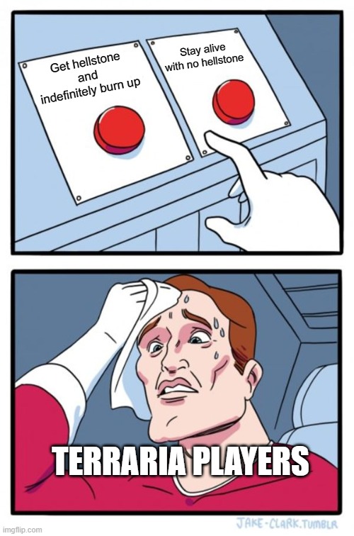 Two Buttons | Stay alive with no hellstone; Get hellstone and indefinitely burn up; TERRARIA PLAYERS | image tagged in memes,two buttons | made w/ Imgflip meme maker