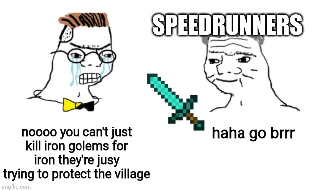 I always feel bad for the golems | SPEEDRUNNERS; noooo you can't just kill iron golems for iron they're jusy trying to protect the village; haha go brrr | image tagged in noooo you can't just | made w/ Imgflip meme maker
