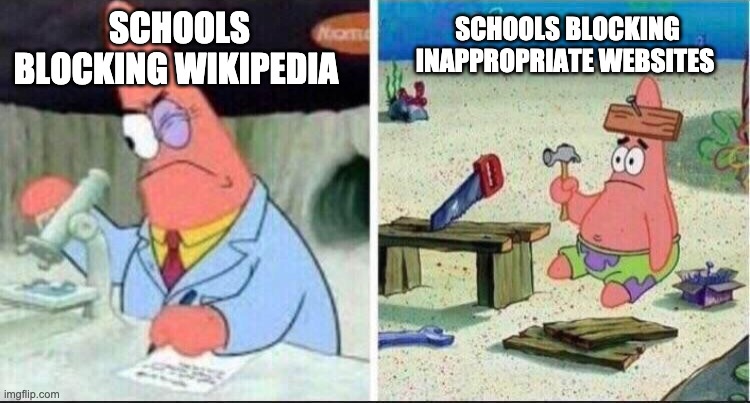Smart Patrick Dumb Patrick | SCHOOLS BLOCKING INAPPROPRIATE WEBSITES; SCHOOLS BLOCKING WIKIPEDIA | image tagged in smart patrick dumb patrick | made w/ Imgflip meme maker
