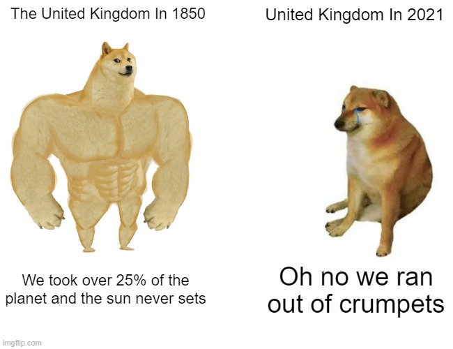 Buff Doge vs. Cheems | The United Kingdom In 1850; United Kingdom In 2021; We took over 25% of the planet and the sun never sets; Oh no we ran out of crumpets | image tagged in memes,buff doge vs cheems | made w/ Imgflip meme maker