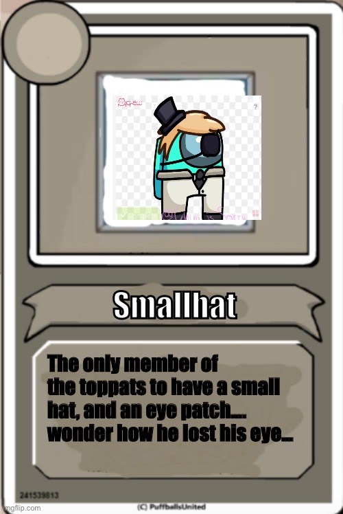 #5 | Smallhat; The only member of the toppats to have a small hat, and an eye patch.... wonder how he lost his eye... | image tagged in character bio | made w/ Imgflip meme maker