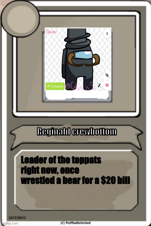 #6 | Reginald crewbottom; Leader of the toppats right now, once wrestled a bear for a $20 bill | image tagged in character bio | made w/ Imgflip meme maker