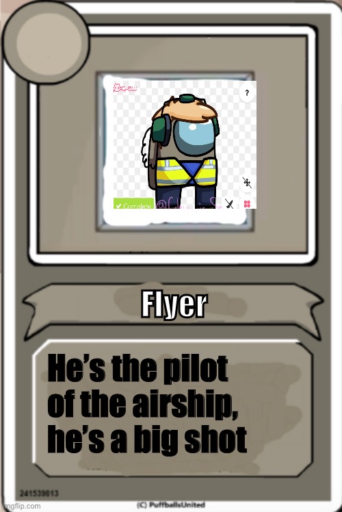 #12(done)! | Flyer; He’s the pilot of the airship, he’s a big shot | image tagged in character bio | made w/ Imgflip meme maker