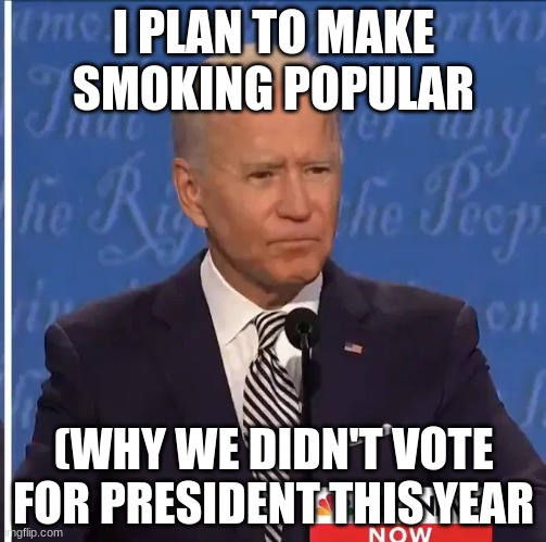 Joe Biden | I PLAN TO MAKE SMOKING POPULAR; (WHY WE DIDN'T VOTE FOR PRESIDENT THIS YEAR | image tagged in joe biden | made w/ Imgflip meme maker
