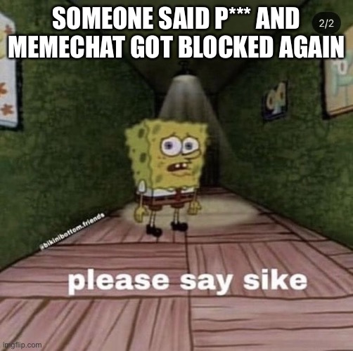 CAN YALL STOP SAYING THAT IT GETS BLOCKED WHEN YALL DO | SOMEONE SAID P*** AND MEMECHAT GOT BLOCKED AGAIN | image tagged in say sike | made w/ Imgflip meme maker