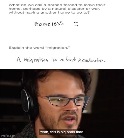 Homeless; migration | image tagged in yeah this is big brain time,funny test answers,memes,meme,funny,infinite iq | made w/ Imgflip meme maker
