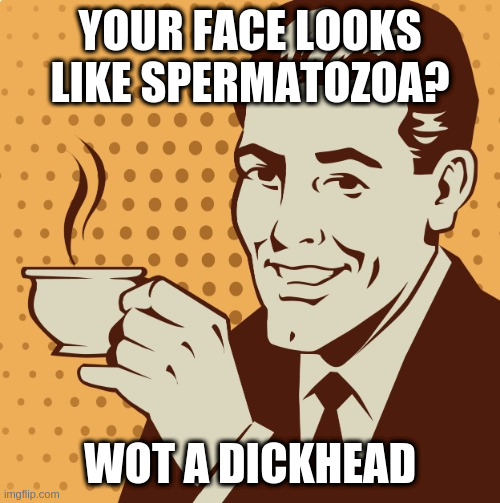 Mug approval | YOUR FACE LOOKS LIKE SPERMATOZOA? WOT A DICKHEAD | image tagged in mug approval | made w/ Imgflip meme maker