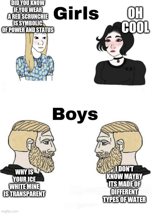 boys v girls | DID YOU KNOW IF YOU WEAR A RED SCRUNCHIE IS SYMBOLIC OF POWER AND STATUS; OH COOL; WHY IS YOUR ICE WHITE MINE IS TRANSPARENT; I DON'T KNOW MAYBY ITS MADE OF DIFFERENT TYPES OF WATER | image tagged in boys v girls | made w/ Imgflip meme maker