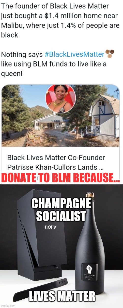 BLM Founder Patrisse Khan-Cullors / Champagne Socialist / Fraud After Buying $ 1.4 Million House in White Neighborhood | DONATE TO BLM BECAUSE... CHAMPAGNE SOCIALIST; LIVES MATTER | image tagged in champagne socialist,blm,news,trending,liberals,racism | made w/ Imgflip meme maker