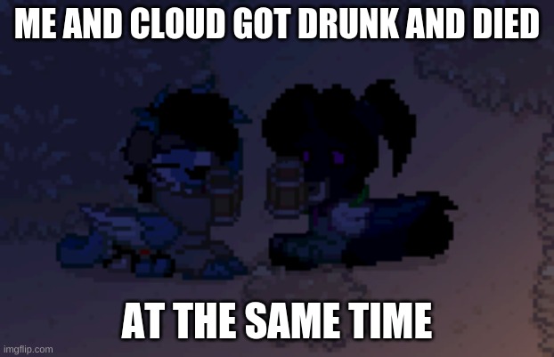 cloud and fallen | ME AND CLOUD GOT DRUNK AND DIED; AT THE SAME TIME | image tagged in cloud and fallen | made w/ Imgflip meme maker
