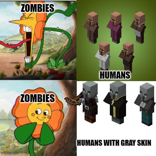 Zombies are racist lol | ZOMBIES; HUMANS; ZOMBIES; HUMANS WITH GRAY SKIN | image tagged in flower | made w/ Imgflip meme maker