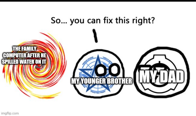 True story | THE FAMILY COMPUTER AFTER HE SPILLED WATER ON IT; MY DAD; MY YOUNGER BROTHER | image tagged in goi ball 2 | made w/ Imgflip meme maker