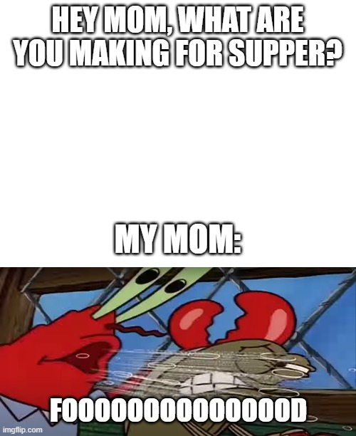 Inspired by bosh, and real life | HEY MOM, WHAT ARE YOU MAKING FOR SUPPER? MY MOM:; FOOOOOOOOOOOOOOD | image tagged in blank white template,supper,dinner,food,mom,memes | made w/ Imgflip meme maker