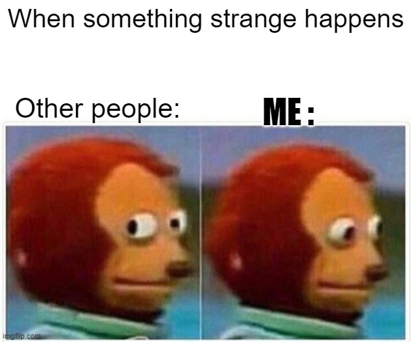 Monkey Puppet | When something strange happens; ME :; Other people: | image tagged in memes,monkey puppet | made w/ Imgflip meme maker