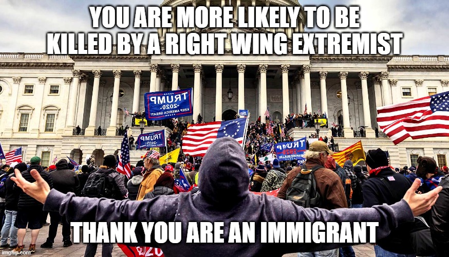 right wing extremist | YOU ARE MORE LIKELY TO BE KILLED BY A RIGHT WING EXTREMIST; THANK YOU ARE AN IMMIGRANT | image tagged in right wing | made w/ Imgflip meme maker