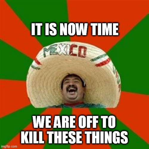 succesful mexican | IT IS NOW TIME; WE ARE OFF TO KILL THESE THINGS | image tagged in succesful mexican | made w/ Imgflip meme maker