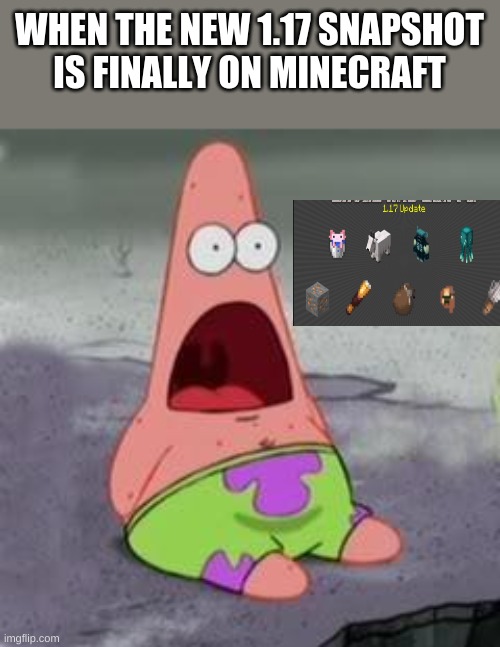 Suprised Patrick | WHEN THE NEW 1.17 SNAPSHOT IS FINALLY ON MINECRAFT | image tagged in suprised patrick | made w/ Imgflip meme maker