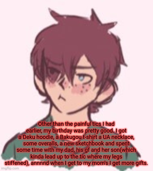 Ik no one cares but too bad | Other than the painful tics I had earlier, my birthday was pretty good. I got a Deku hoodie, a Bakugou t-shirt a UA necklace, some overalls, a new sketchbook and spent some time with my dad, his gf and her son(which kinda lead up to the tic where my legs stiffened), annnnd when I get to my mom's I get more gifts. | image tagged in angy carl | made w/ Imgflip meme maker