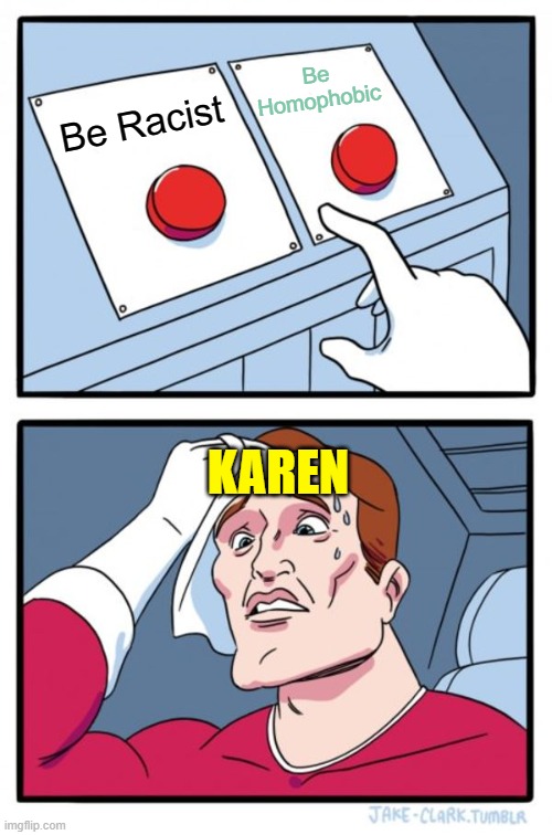 Two Buttons Meme | Be Homophobic; Be Racist; KAREN | image tagged in memes,two buttons | made w/ Imgflip meme maker