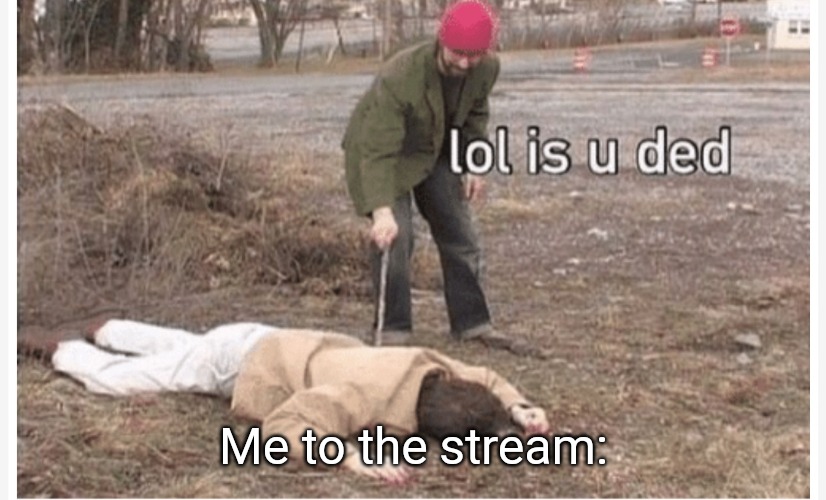 Lol is u ded | Me to the stream: | image tagged in lol is u ded | made w/ Imgflip meme maker