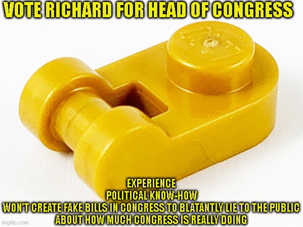 Amogus Lego | VOTE RICHARD FOR HEAD OF CONGRESS; EXPERIENCE
POLITICAL KNOW-HOW
WON'T CREATE FAKE BILLS IN CONGRESS TO BLATANTLY LIE TO THE PUBLIC ABOUT HOW MUCH CONGRESS IS REALLY DOING | image tagged in amogus lego | made w/ Imgflip meme maker