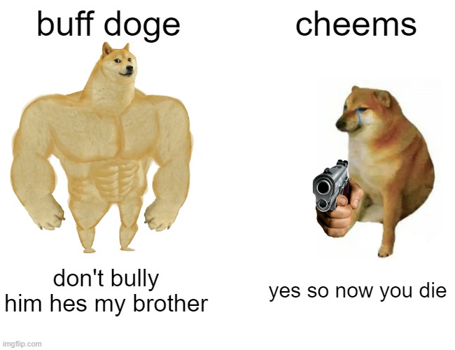 Buff Doge vs. Cheems | buff doge; cheems; don't bully him hes my brother; yes so now you die | image tagged in memes,buff doge vs cheems | made w/ Imgflip meme maker