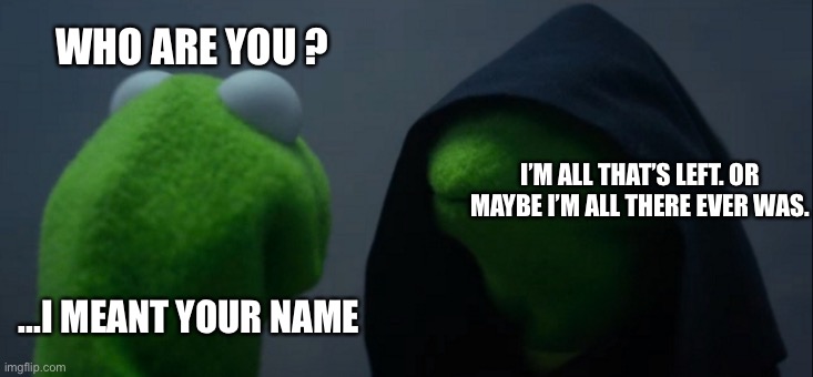 Evil Kermit Meme | WHO ARE YOU ? I’M ALL THAT’S LEFT. OR MAYBE I’M ALL THERE EVER WAS. ...I MEANT YOUR NAME | image tagged in memes,evil kermit,kingdom hearts | made w/ Imgflip meme maker