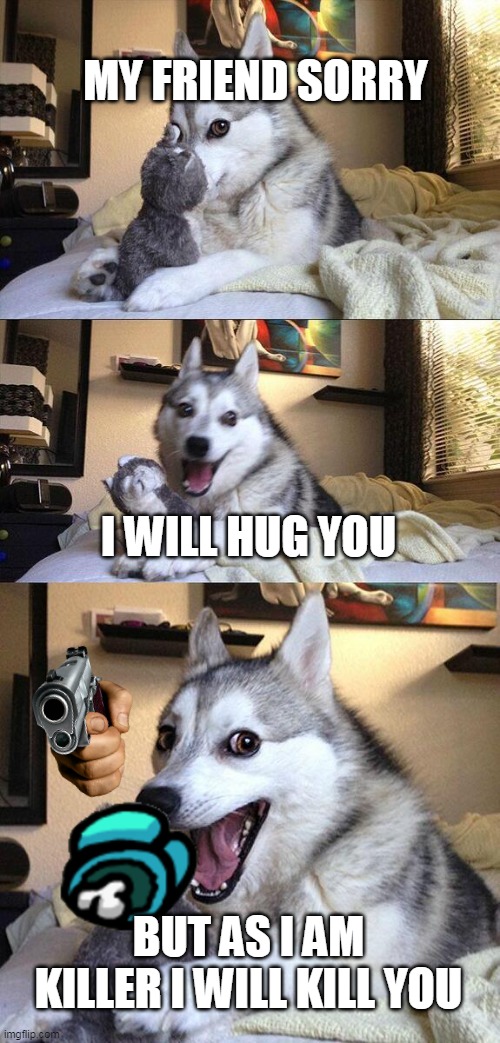 Bad Pun Dog | MY FRIEND SORRY; I WILL HUG YOU; BUT AS I AM KILLER I WILL KILL YOU | image tagged in memes,bad pun dog | made w/ Imgflip meme maker