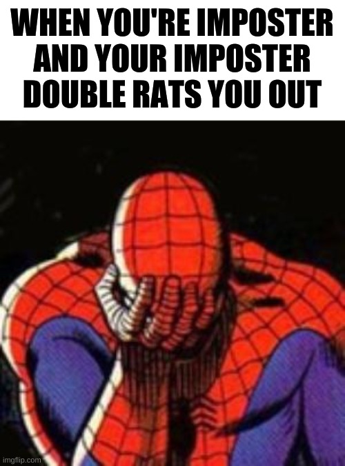 My flipping cousin said I was also the imposter with him but not his brother when they were imposters. I call bullshit | WHEN YOU'RE IMPOSTER AND YOUR IMPOSTER DOUBLE RATS YOU OUT | image tagged in memes,sad spiderman,spiderman | made w/ Imgflip meme maker