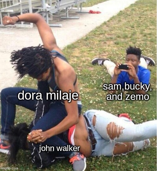 falcon and winter soldier ep. 4 | dora milaje; sam,bucky, and zemo; john walker | image tagged in guy recording a fight | made w/ Imgflip meme maker