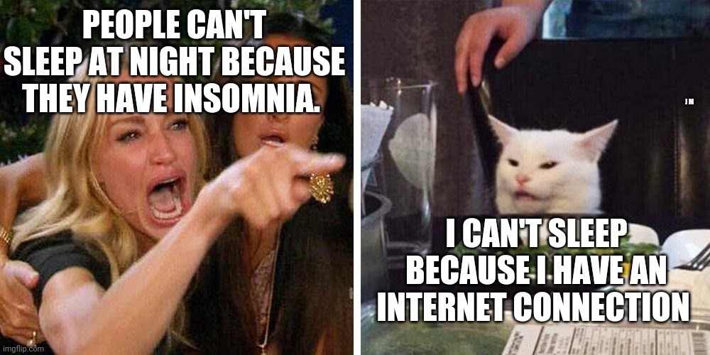 Smudge the cat |  PEOPLE CAN'T SLEEP AT NIGHT BECAUSE THEY HAVE INSOMNIA. J M; I CAN'T SLEEP BECAUSE I HAVE AN INTERNET CONNECTION | image tagged in smudge the cat | made w/ Imgflip meme maker