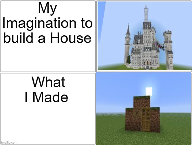 Minecraft Meme Series | My Imagination to build a House; What I Made | image tagged in memes,funny memes,meme,funny meme,minecraft meme series,funny | made w/ Imgflip meme maker