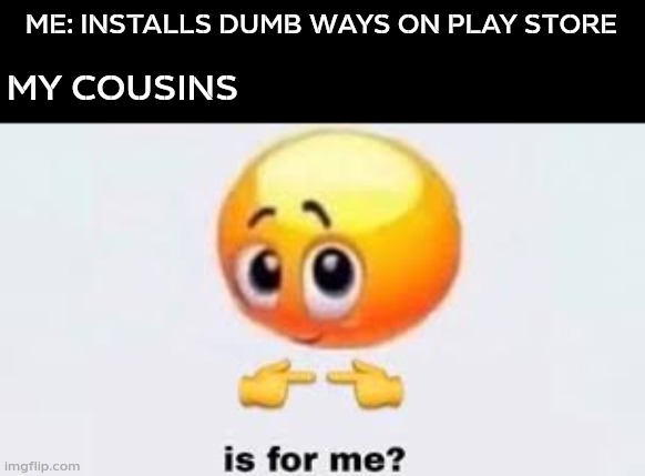 Is for me | ME: INSTALLS DUMB WAYS ON PLAY STORE; MY COUSINS | image tagged in is for me | made w/ Imgflip meme maker