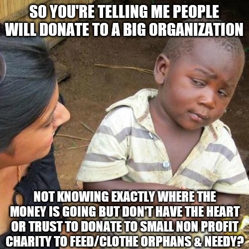 We'll see about that.... 1 of links in comments, haven't created other yet. ?'s DM or comment |  SO YOU'RE TELLING ME PEOPLE WILL DONATE TO A BIG ORGANIZATION; NOT KNOWING EXACTLY WHERE THE MONEY IS GOING BUT DON'T HAVE THE HEART OR TRUST TO DONATE TO SMALL NON PROFIT CHARITY TO FEED/CLOTHE ORPHANS & NEEDY? | image tagged in memes,third world skeptical kid,charity,donate,poor people,starving | made w/ Imgflip meme maker