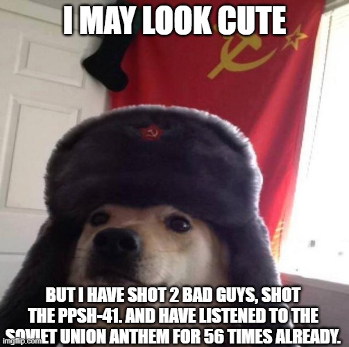 MOM THE DOG SAID "CYKA BLYAT" TO ME!!!1! | I MAY LOOK CUTE; BUT I HAVE SHOT 2 BAD GUYS, SHOT THE PPSH-41. AND HAVE LISTENED TO THE SOVIET UNION ANTHEM FOR 56 TIMES ALREADY. | image tagged in russian doge,ussr,soviet union,russia,funny | made w/ Imgflip meme maker