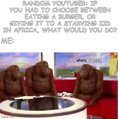 they can produce their own food ;) |  RANDOM YOUTUBER: IF YOU HAD TO CHOOSE BETWEEN EATING A BURGER, OR GIVING IT TO A STARVING KID IN AFRICA, WHAT WOULD YOU DO? ME:; BURGER | image tagged in monkey,africa,starving | made w/ Imgflip meme maker