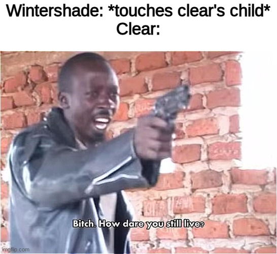 Time to die- | Wintershade: *touches clear's child*
Clear: | image tagged in bitch how dare you still live,clear,wintershade | made w/ Imgflip meme maker