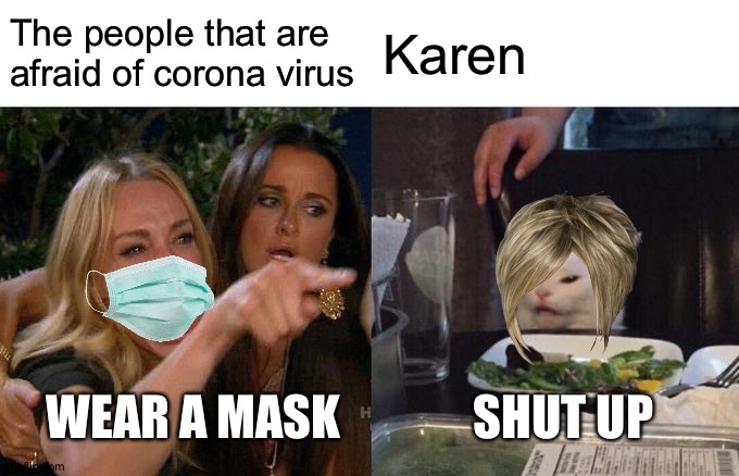 Woman Yelling At Cat | The people that are afraid of corona virus; Karen; SHUT UP; WEAR A MASK | image tagged in memes,woman yelling at cat | made w/ Imgflip meme maker