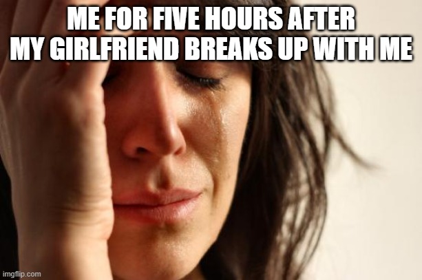 First World Problems Meme | ME FOR FIVE HOURS AFTER MY GIRLFRIEND BREAKS UP WITH ME | image tagged in memes,first world problems | made w/ Imgflip meme maker