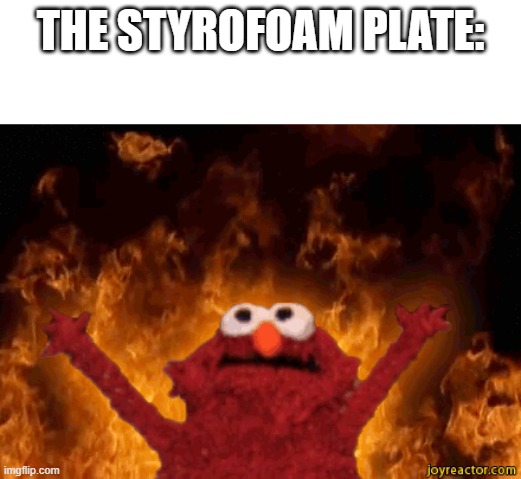 THE STYROFOAM PLATE: | image tagged in burning elmo | made w/ Imgflip meme maker