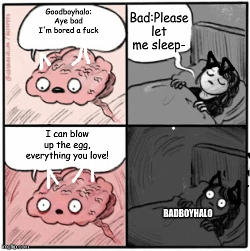 Goodboyhalo meme ewe | Bad:Please let me sleep-; Goodboyhalo: Aye bad I'm bored a fuck; I can blow up the egg, everything you love! BADBOYHALO | image tagged in brain before sleep | made w/ Imgflip meme maker