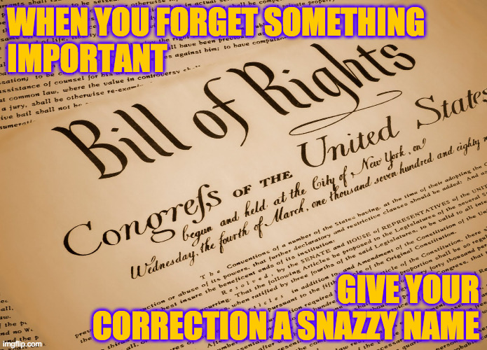 And calligraphy.  Use calligraphy. | WHEN YOU FORGET SOMETHING
IMPORTANT; GIVE YOUR CORRECTION A SNAZZY NAME | image tagged in bill of rights,memes,oops | made w/ Imgflip meme maker